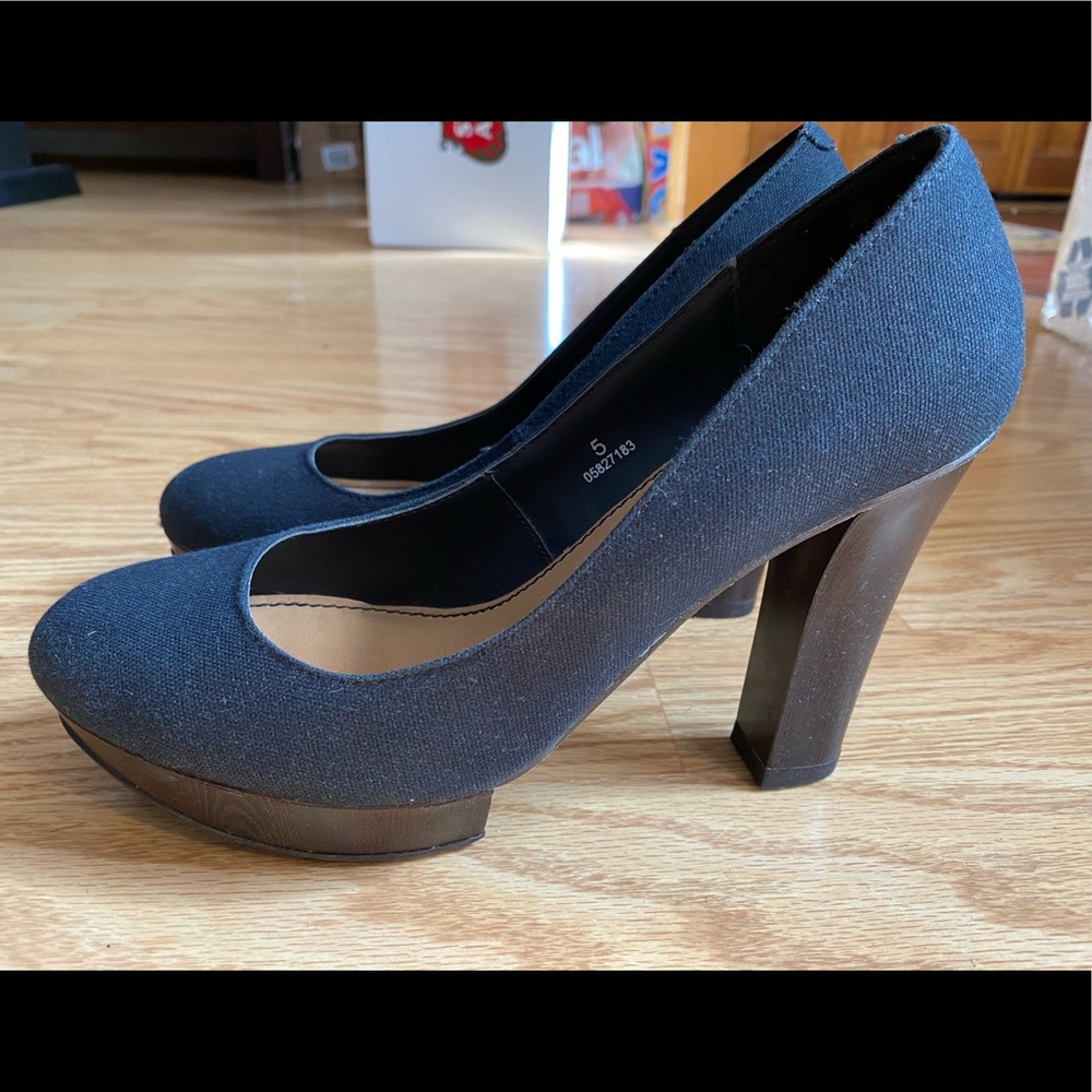 *Like New* Limited Denim Heels with Wooden Finish